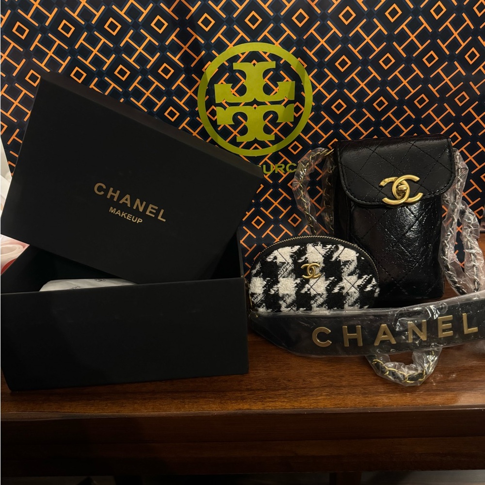 CHANEL Black and Gold Quilted Crossbody Bag Makeup